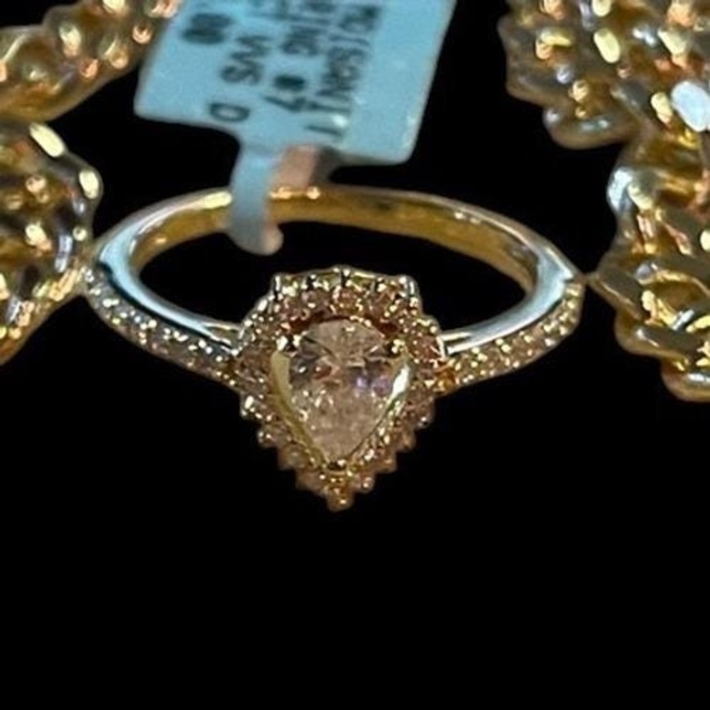 925 Sterling Gold Plated Ring & Chain Set  0.60ct Pear Moissanite Halo Size 7